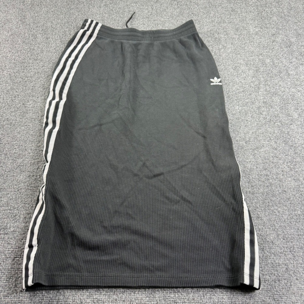 Adidas Ribbed Skirt Medium Black 3-Stripe Trefoil Midi Women